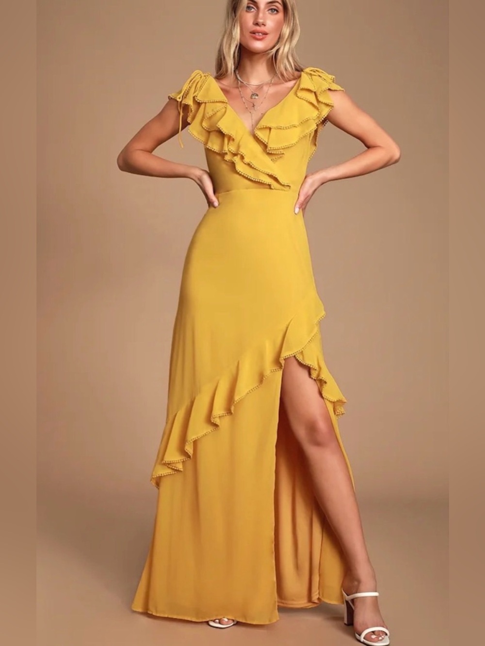 Lulus Love From Above Mustard Yellow Ruffled Surplice Maxi Dress